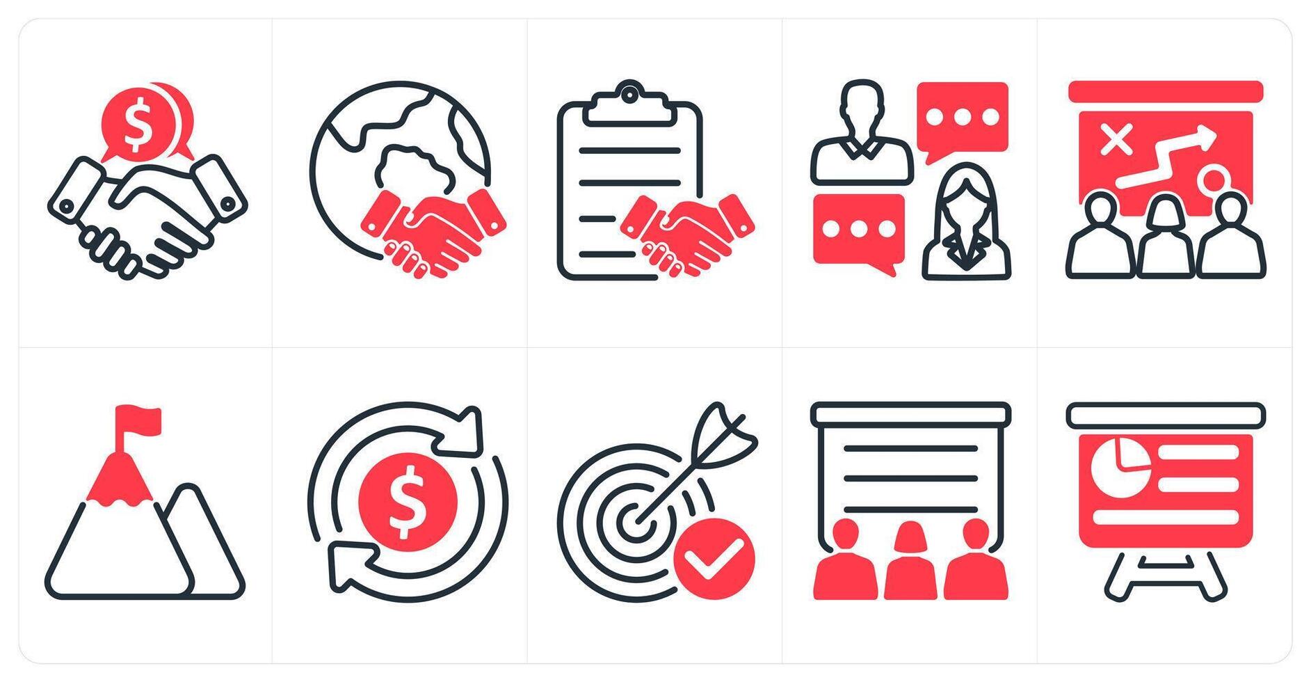 A set of 10 business icons as business deal, global business deal, agreemen in red color vector