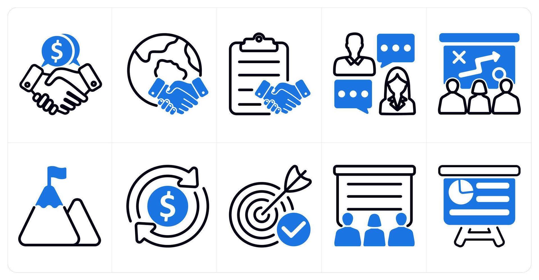 A set of 10 business icons as business deal, global business deal, agreemen in blue color vector