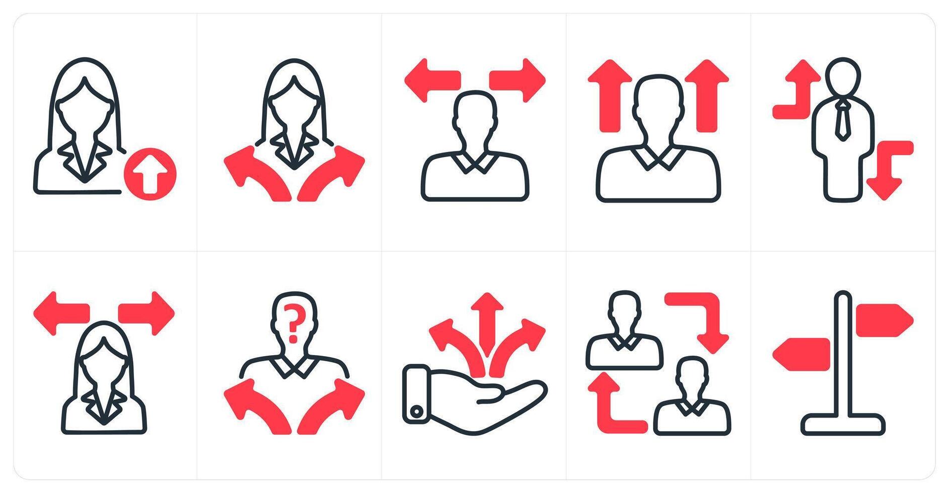 A set of 10 business icons as career up, confusion, career vision in red color vector
