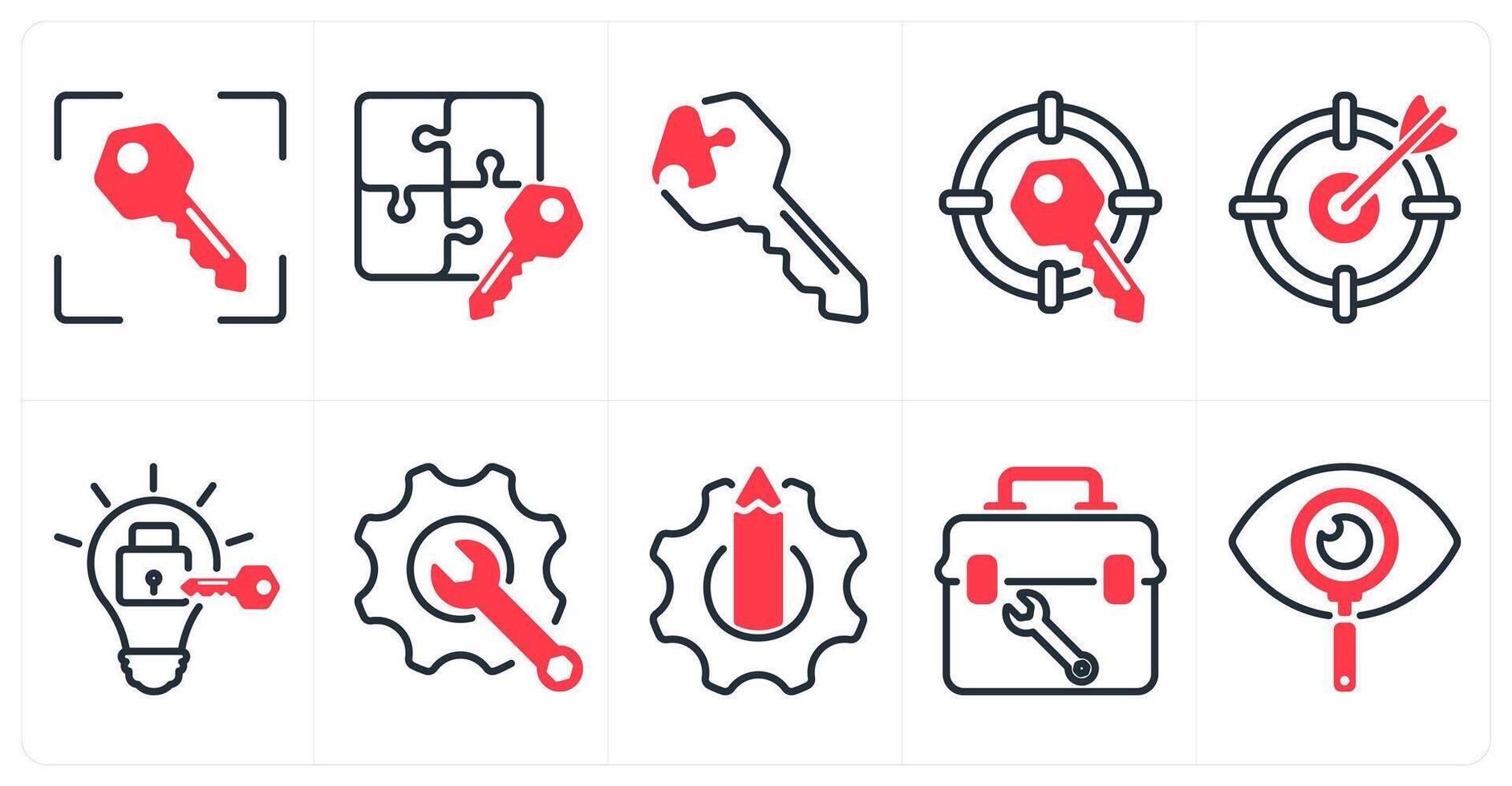 A set of 10 business icons as target key, business key, solution key in red color vector