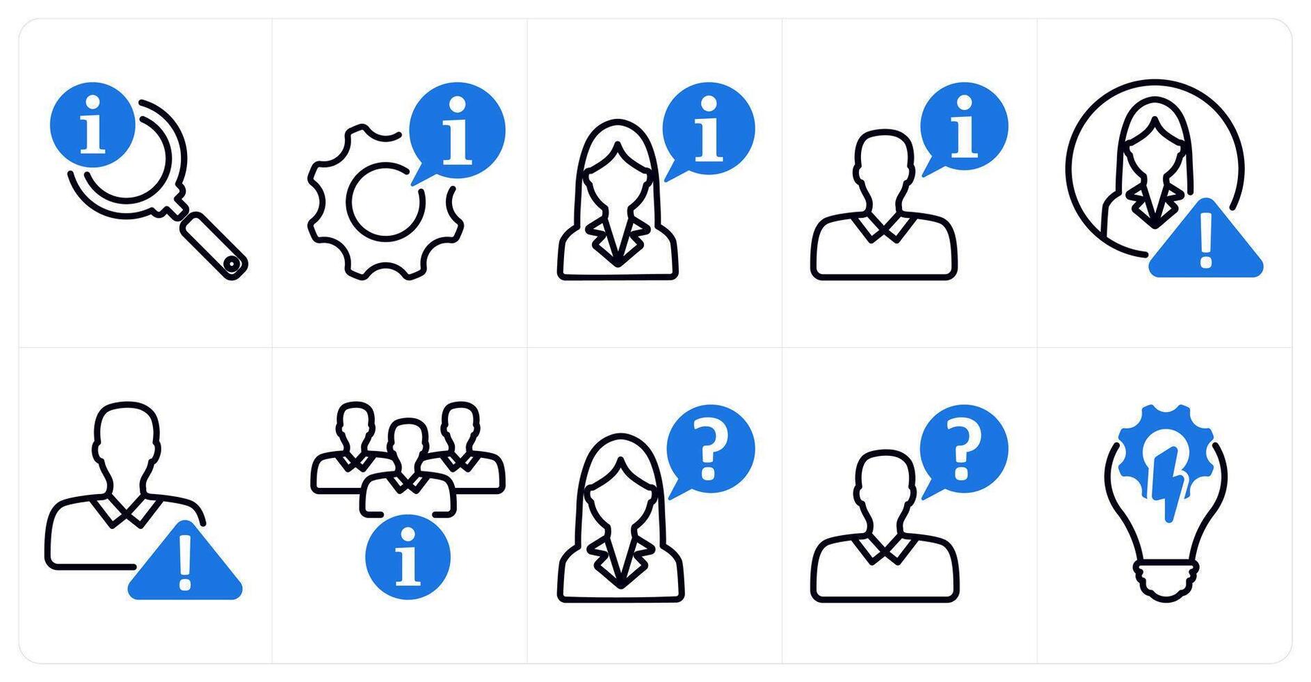 A set of 10 business icons as search info, info setting, business instruction in blue color vector