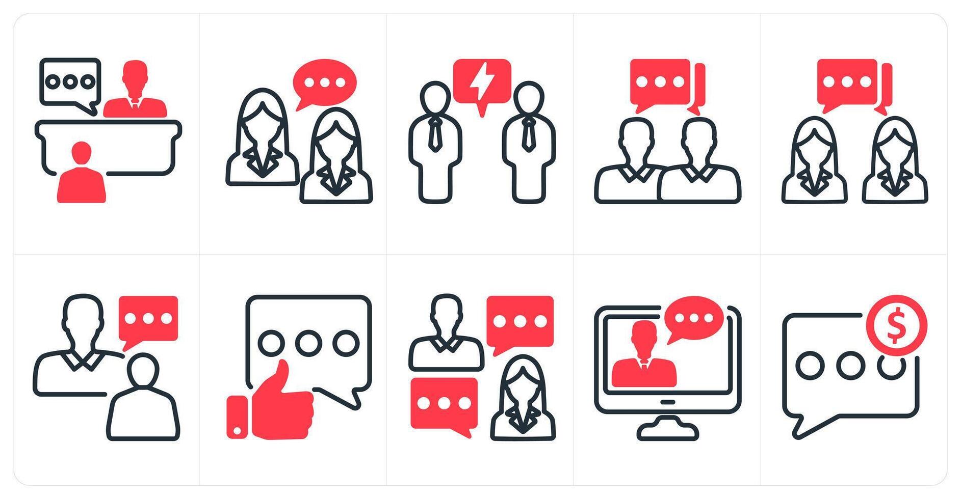 A set of 10 business icons as interview, business talk, negotiation in red color vector