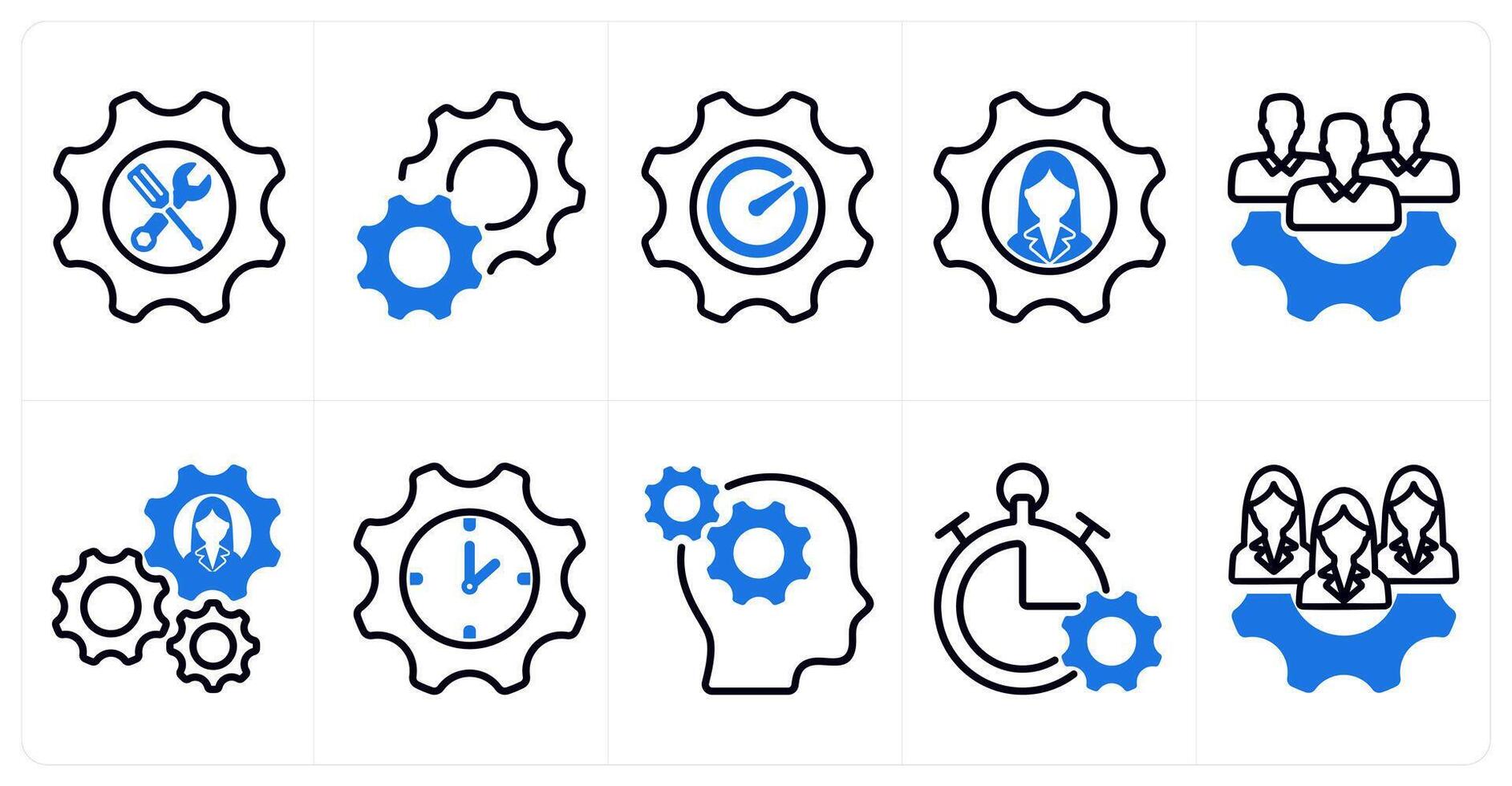 A set of 10 business icons as support, settings, performance, employee management in blue color vector
