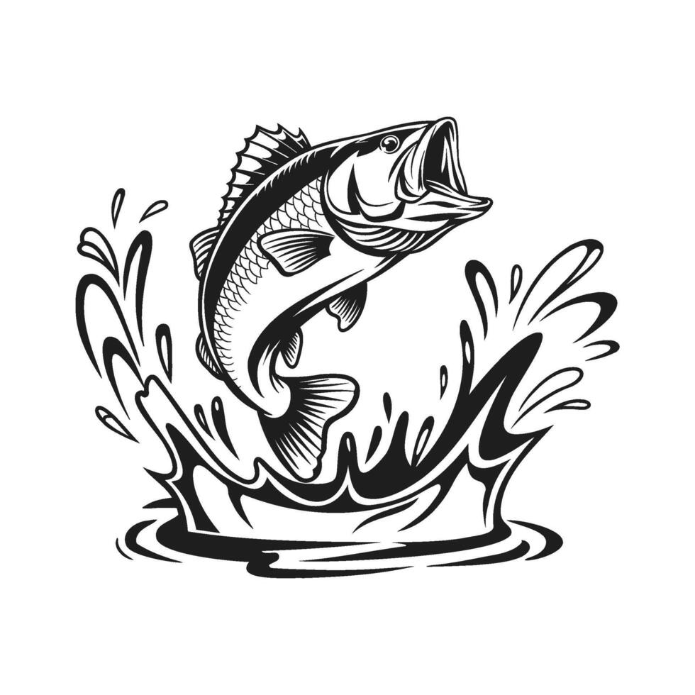 Black and white illustration of a largemouth bass fish leaping out of water vector