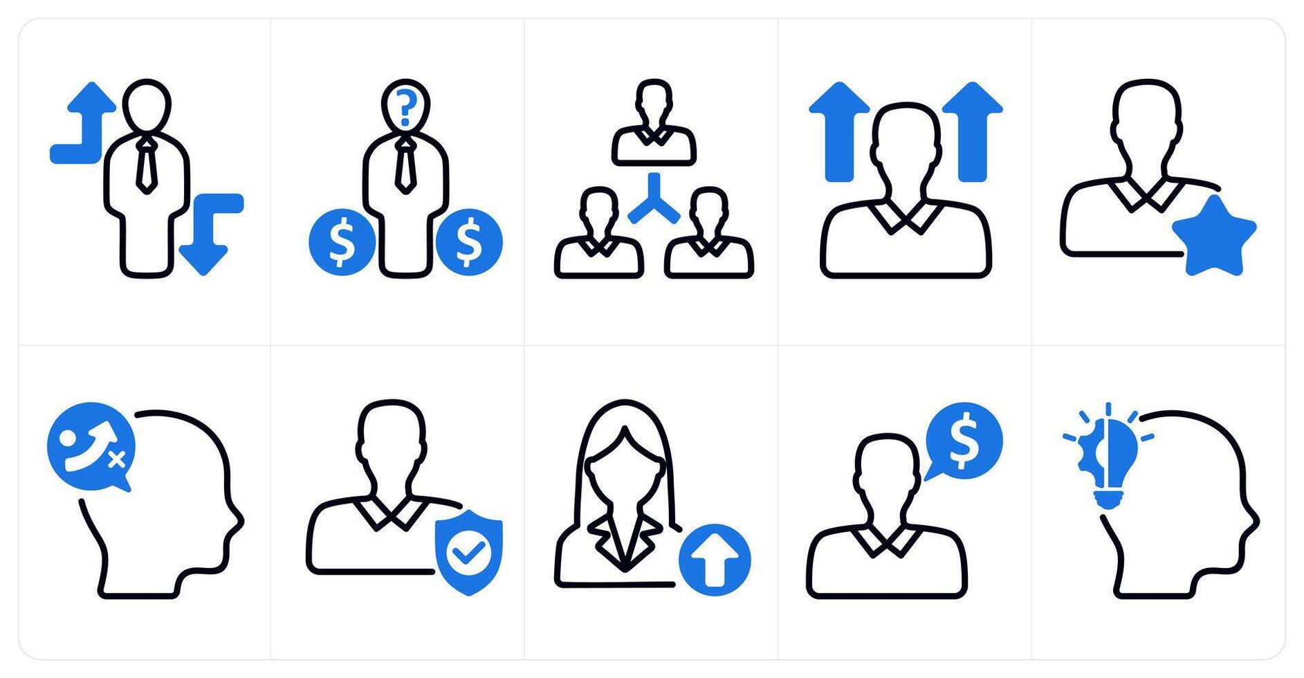A set of 10 business and seo icons as crisis overcome, confusion in selecting, investment, user network in blue color vector