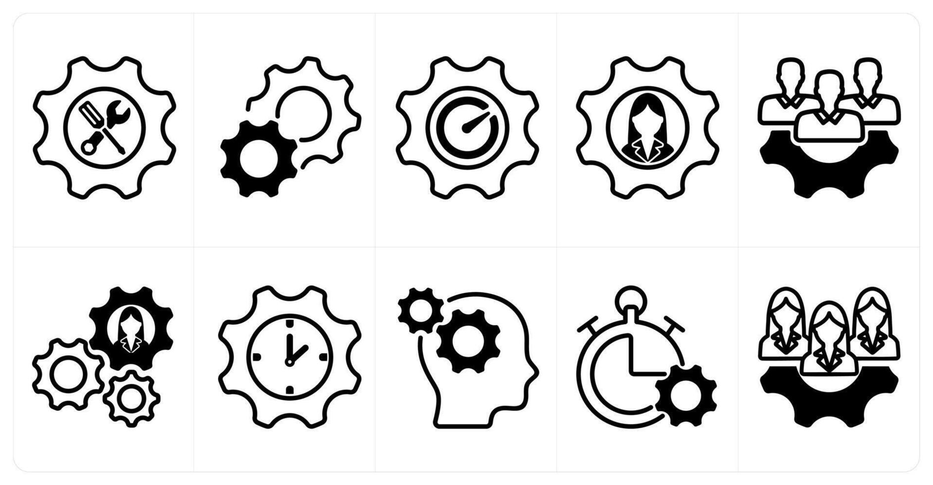 A set of 10 business icons as support, settings, performance, employee management in black color vector
