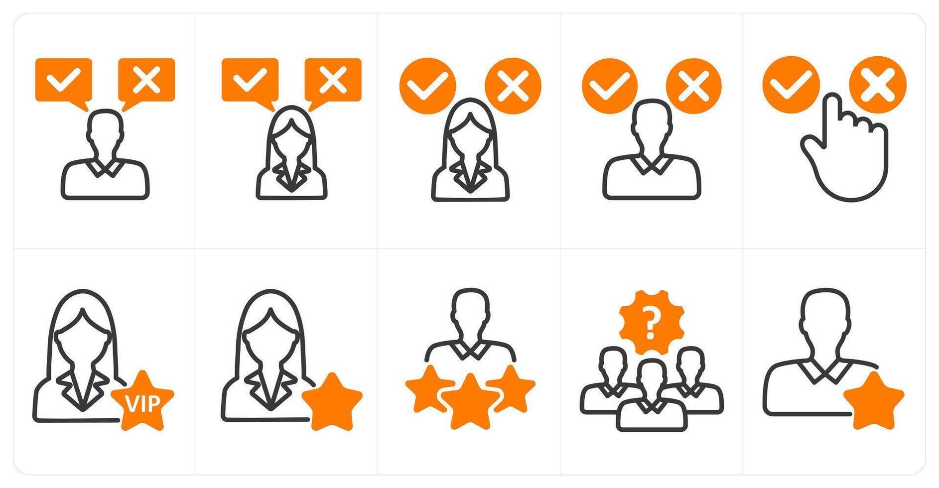 A set of 10 business icons as decision, decision making confusion, vip user in orange color vector