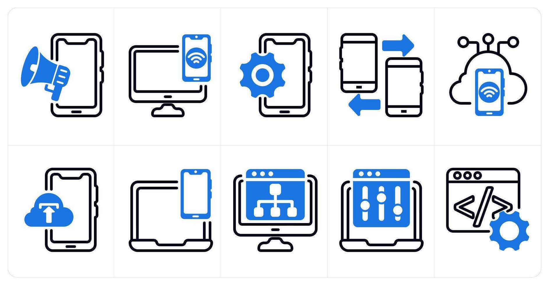 A set of 10 seo icons as mobile adverting, device connectivity, mobile option in blue color vector