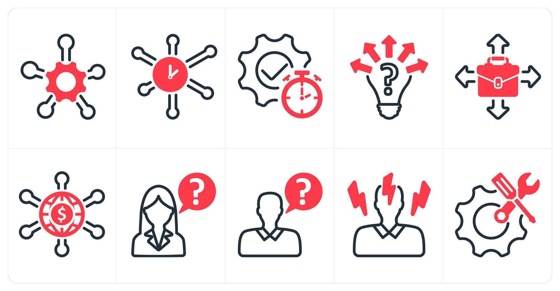 A set of 10 business icons as service network, time network, uncertanity in red color vector