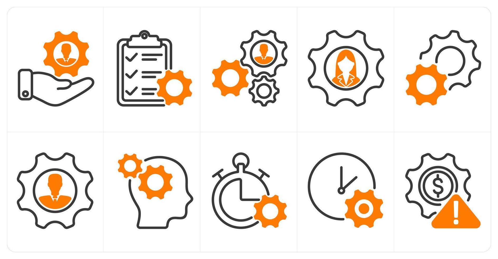 A set of 10 business icons as human resource managament, service list, business support in orange color vector