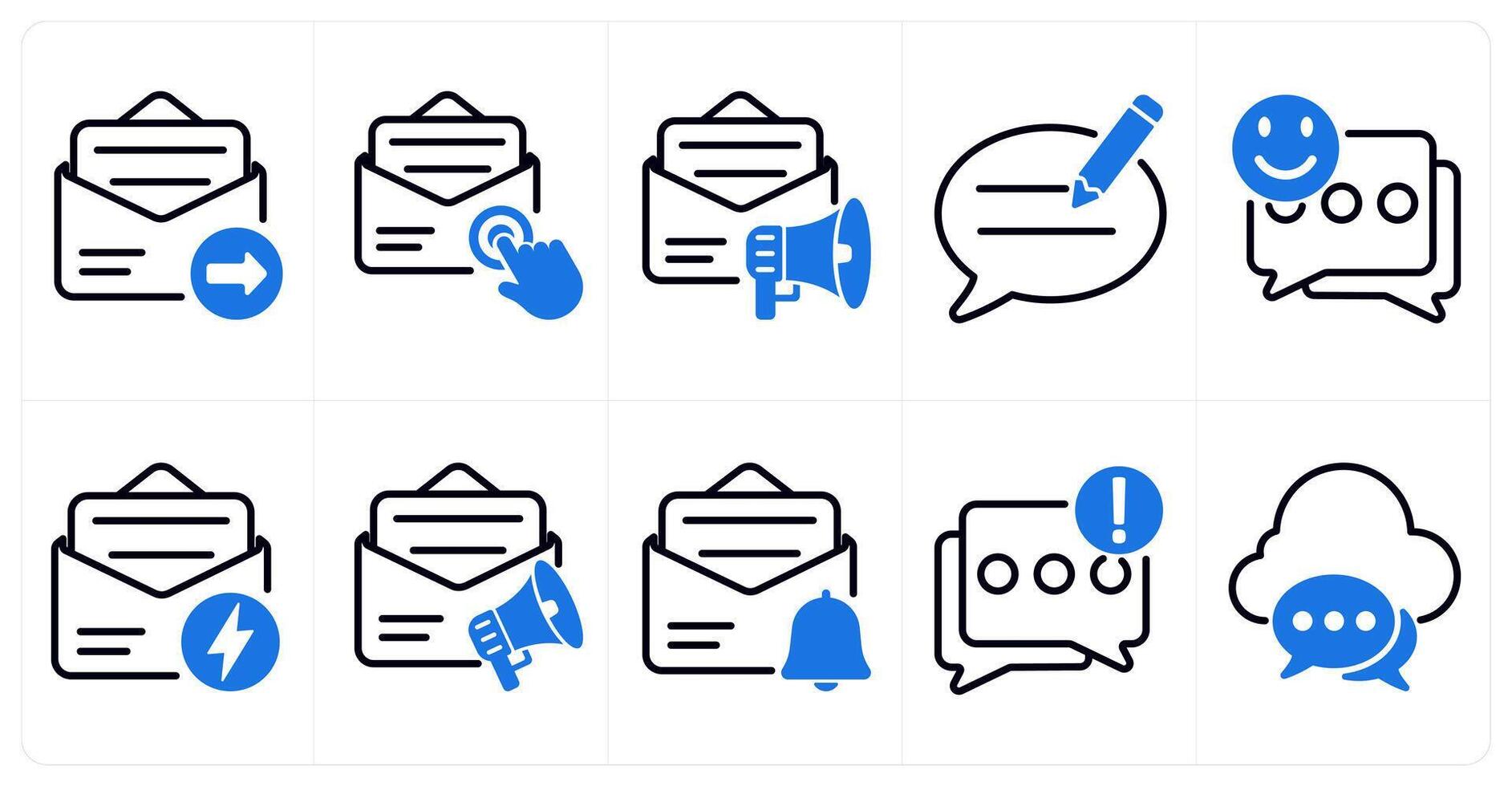 A set of 10 seo icons as email send, email subscription, email marketing in blue color vector