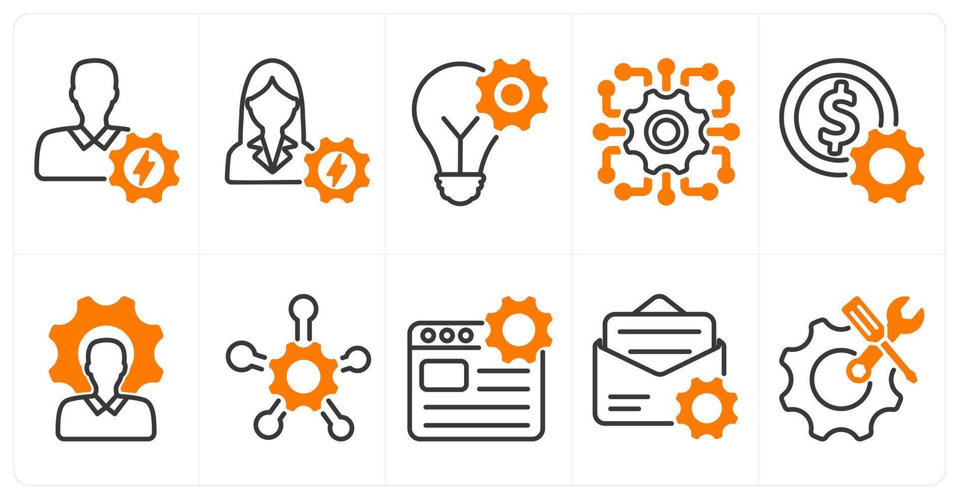 A set of 10 business and seo icons as efficient person, efficient person, idea development vector