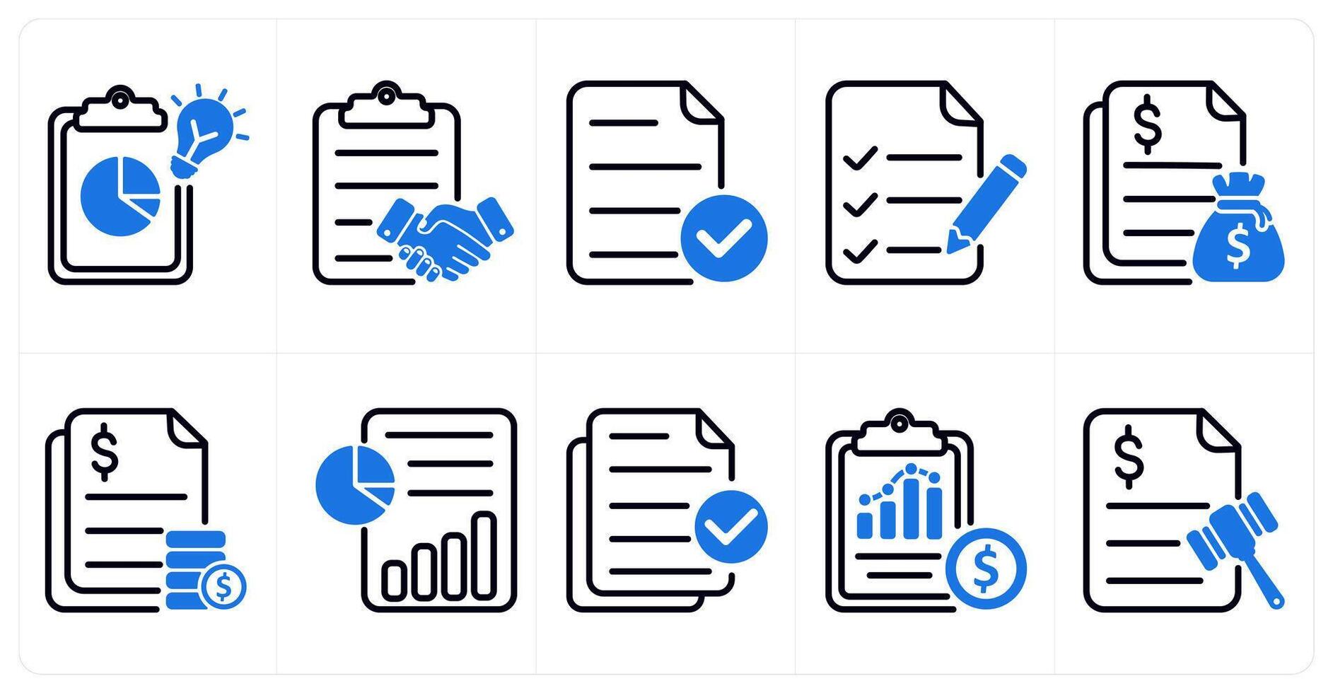 A set of 10 business icons as creative report, agreement, verified file in blue color vector
