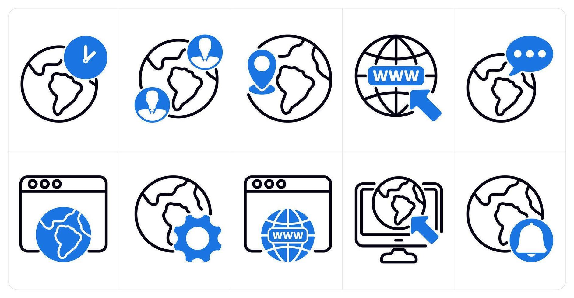 A set of 10 seo icons as global time zone, global communication, global location in blue color vector
