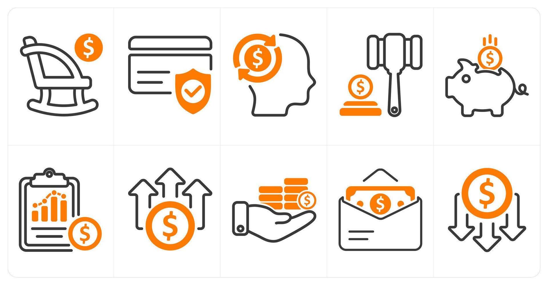 A set of 10 business icons as retirement, credit card security, business mind in orange color vector