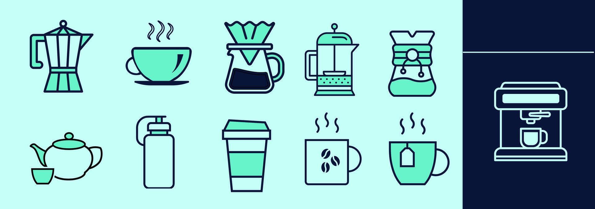 Coffee and tea set of icons with moka, french press, chemex, pour-over, coffee mug, tea cup, teapot, expresso machine. Editable icon elements, size and color. vector