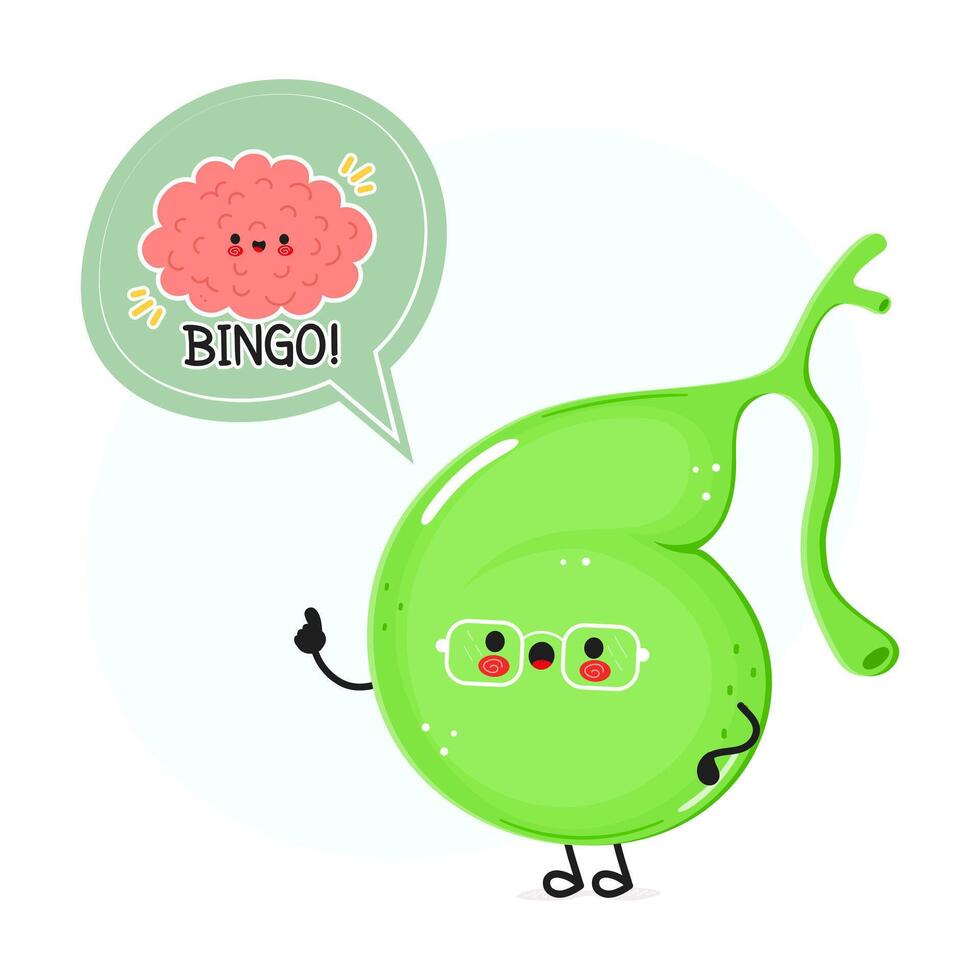 Gallbladder with speech bubble and brain character. hand drawn cartoon kawaii character illustration. Isolated white background. Gallbladder poster and brain vector
