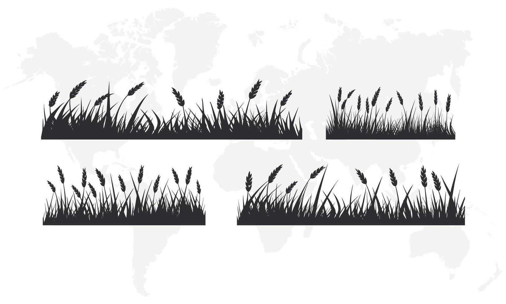 4 Set of Black Grass Silhouettes on White Background. vector