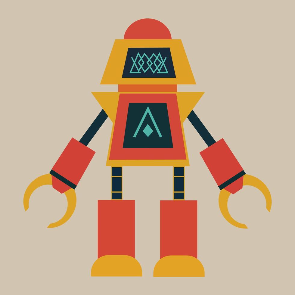 Geometric design features a red and yellow color scheme. The head is trapezoidal with a blue pattern resembling circuitry. The torso has a blue triangular motif. vector