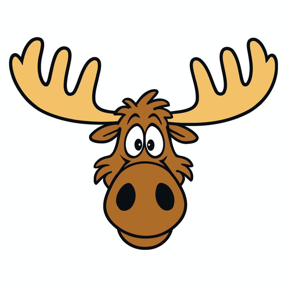 Cartoon moose head with exaggerated features. Large, pale yellow antlers extend outward, framing the face. The moose has wide, expressive eyes and a smiling brown muzzle with black nostrils. vector