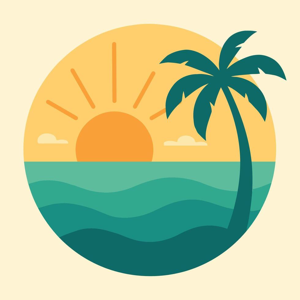 Circular illustration featuring a stylized landscape with summer vibes. vector