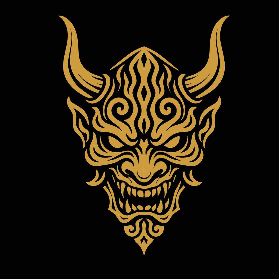 Stylized demonic mask in gold on a black background features intricate, symmetrical patterns. vector