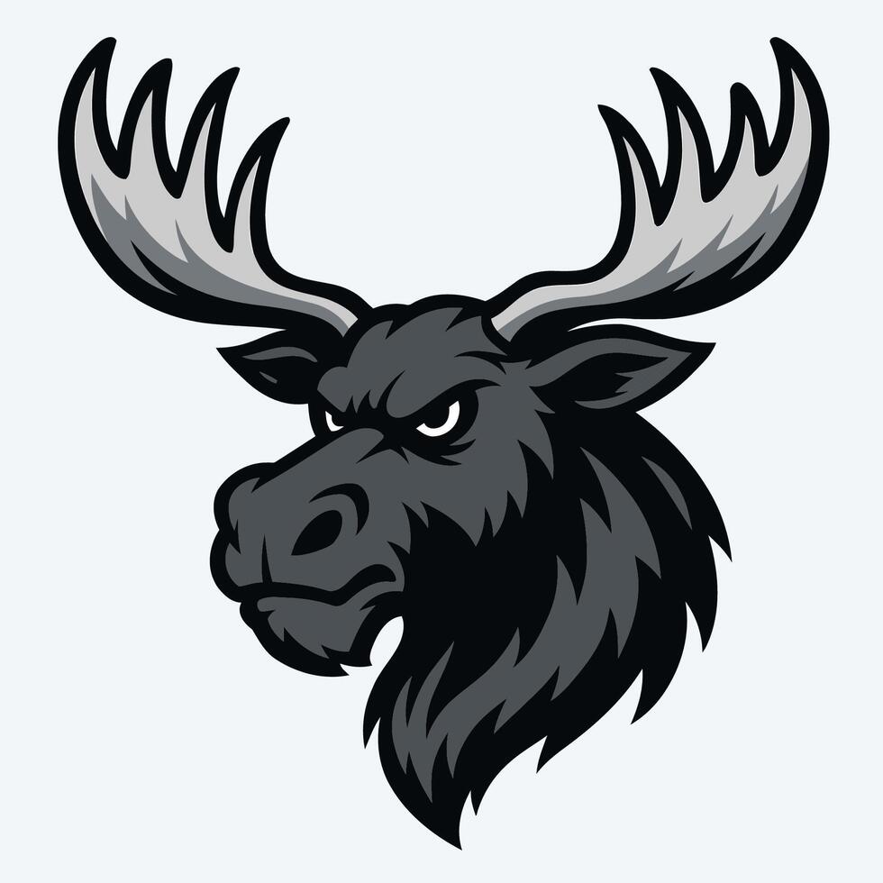 Illustration of a moose head with large, prominent antlers with bold black and gray colors. vector
