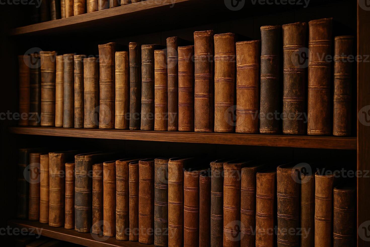 Vintage Leather Bound Books on Wooden Library Shelves Reflecting History and Classic Literature in a Cozy Library Setting with Warm Lighting for Study and Inspiration in Education photo