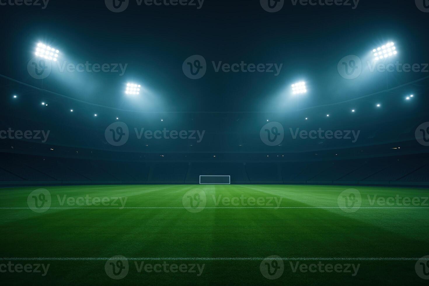 Soccer Stadium at Night with Illuminated Floodlights and Fog on Empty Field, Capturing Atmospheric Sports Venue Mood photo