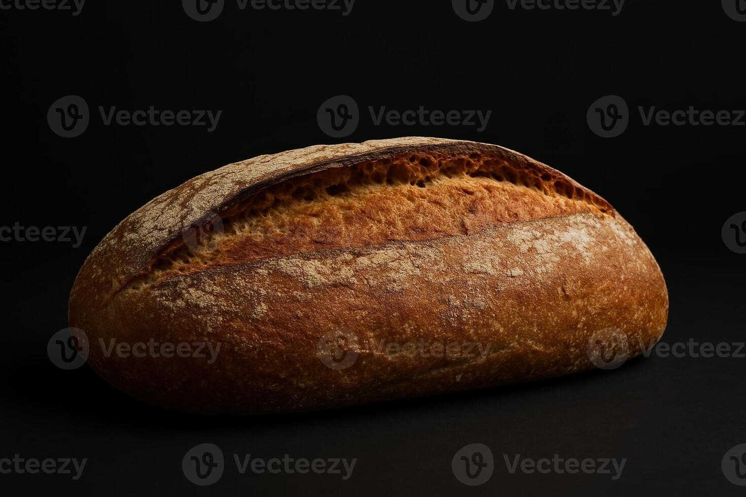 Rustic Artisan Bread on Dark Background Showcasing Crusty Texture and Golden Brown Color, Ideal for Bakery, Culinary Art, or Food Photography, Emphasizing Simplicity and Gourmet Appeal photo