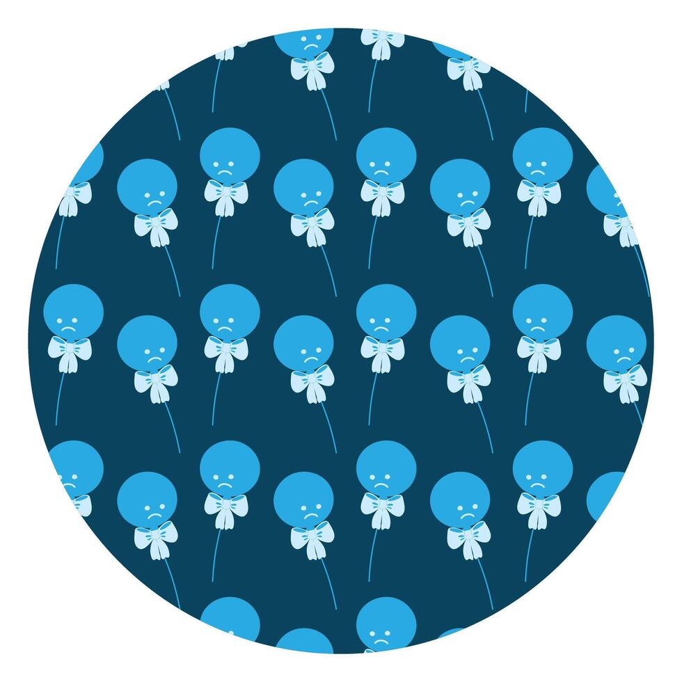 3 round balloon on rope tied ribbon bow with sad faces in monochrome blue. Greeting design element. Blue Monday concept. Isolated illustration Cards, posters, banner or web promo, leaflet, tag vector