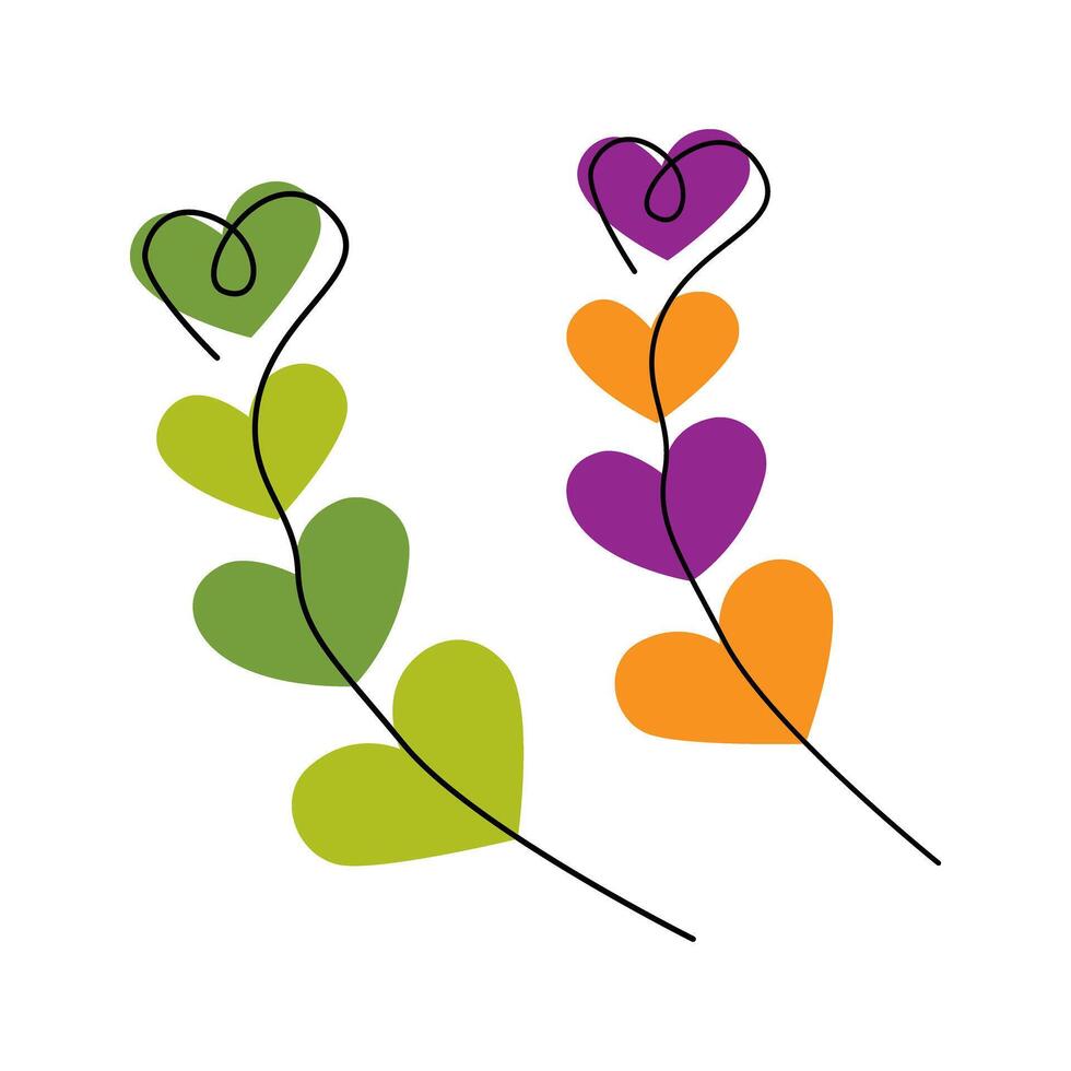 Freehand Heart Shape Branches on hearts St Patrick Day and Halloween colors Greeting design elements. Set illustration Thematic Invitation Party Cards poster or web promo banner, leaflet, label vector