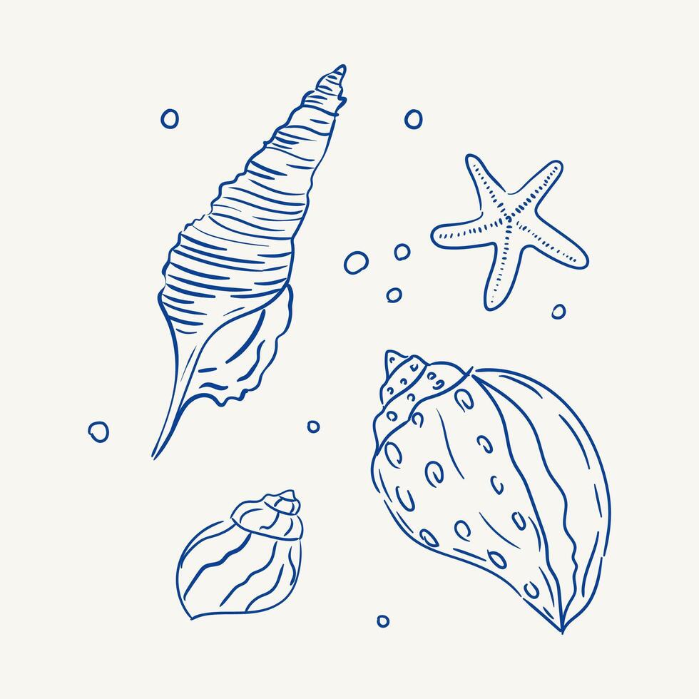 Shells and starfish create a beautiful coastal illustration in blue ink vector