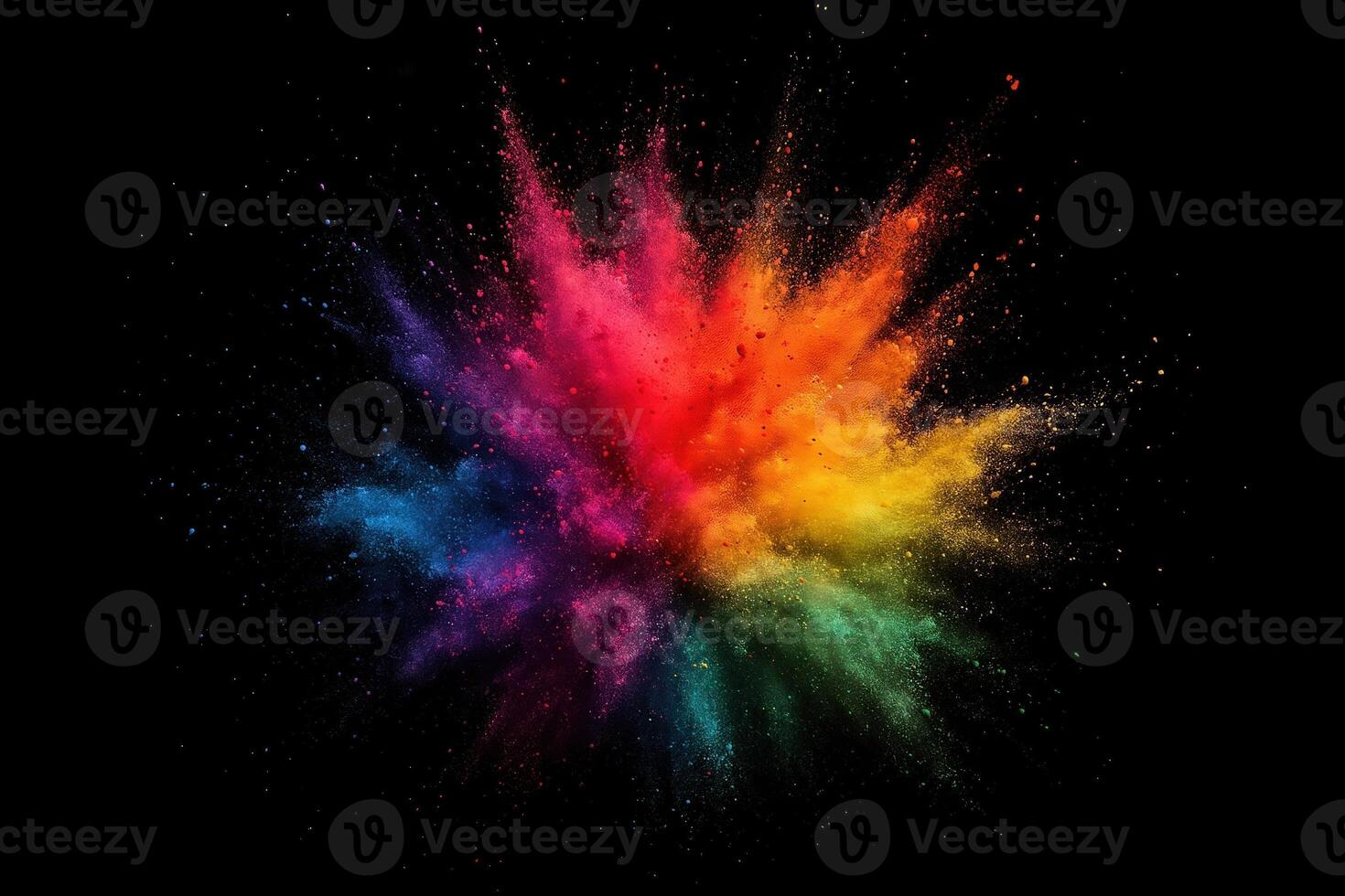 Vibrant Powder Paint Explosion on Black Background Highlighting Colorful Holi Festival Burst in Dynamic Motion Surrounded by Glittering Particles photo
