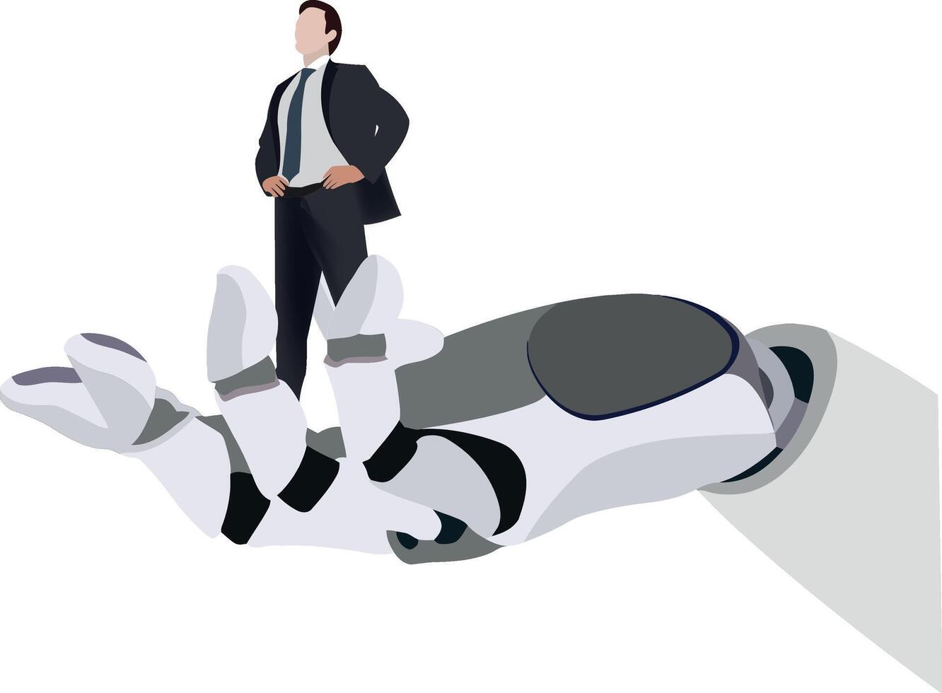 Businessman standing on robot hand with business card vector