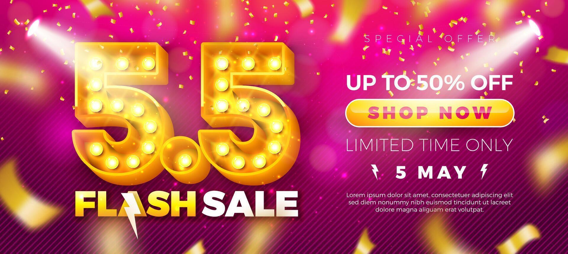Shopping Day Flash Sale 5 May Design with 3d 5.5 Light Bulb Billboard Number and Falling Confetti on Yellow Background. Special Offer 50 Percent Off Campaign Discount Illustration vector