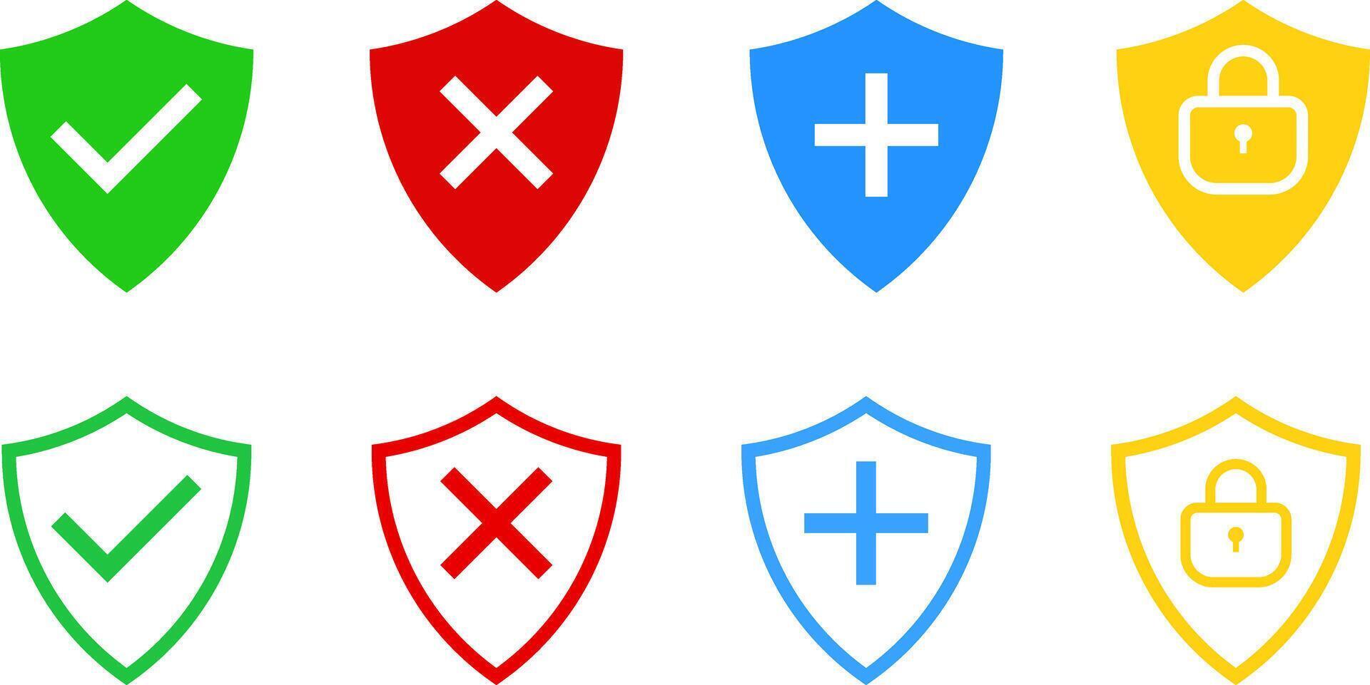 Shield with cross icon set. safety health shield. Protect security symbol. Health protection shield with plus sign. Medicine symbol vector