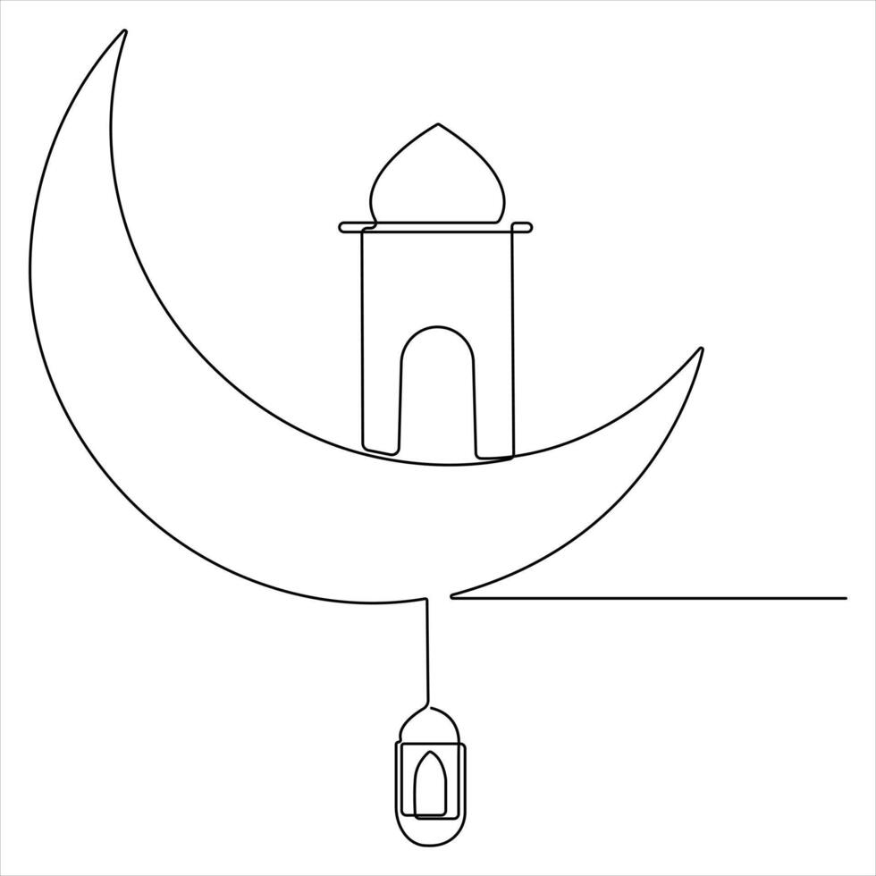 Continuous line drawing of Moon with Mosque and Lantern Islamic new year concept vector