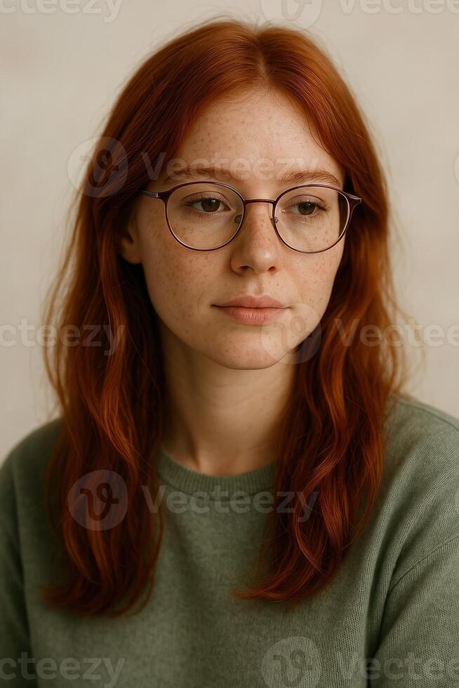 Portrait of a Woman with Striking Red Hair and Freckles, Wearing Glasses and Green Sweater, Expressing Serenity and Natural Elegance photo