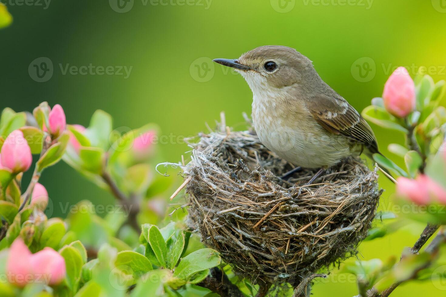 Small bird sitting on nest in flowering tree branch photo