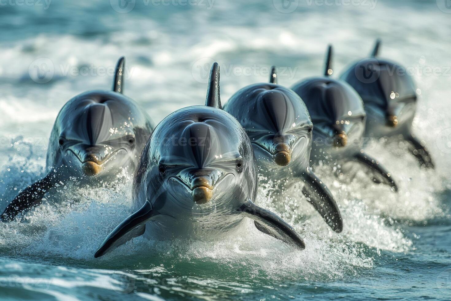 Group of dolphins swimming and jumping in the ocean photo