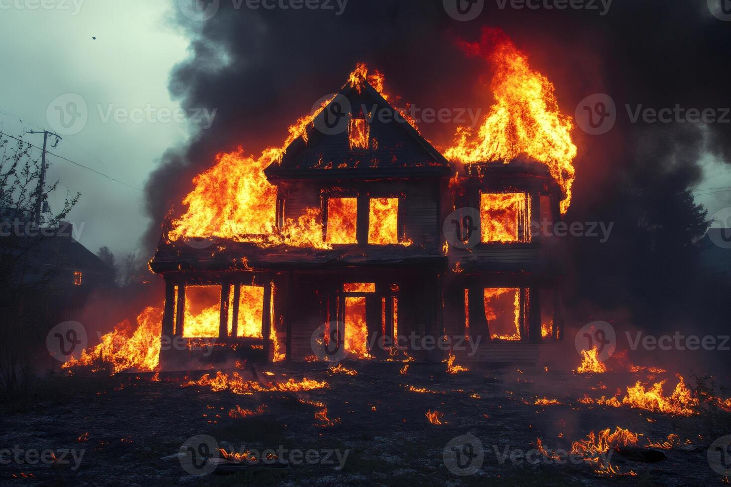 Burning wooden house engulfed in flames at night with smoke billowing into the sky photo