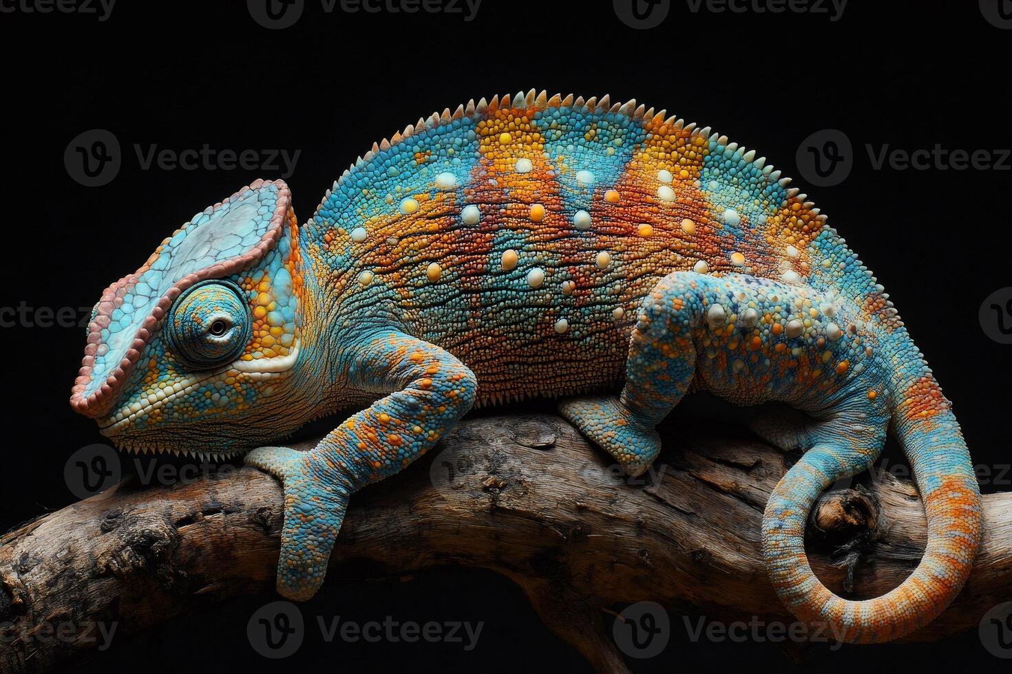 Colorful chameleon resting on a branch, exhibiting vibrant scales photo