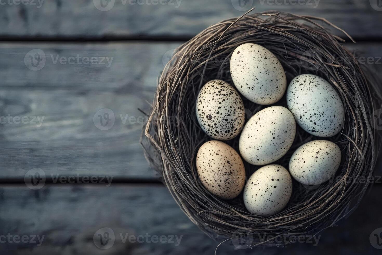 Bird nest holding speckled eggs on rustic wooden table photo