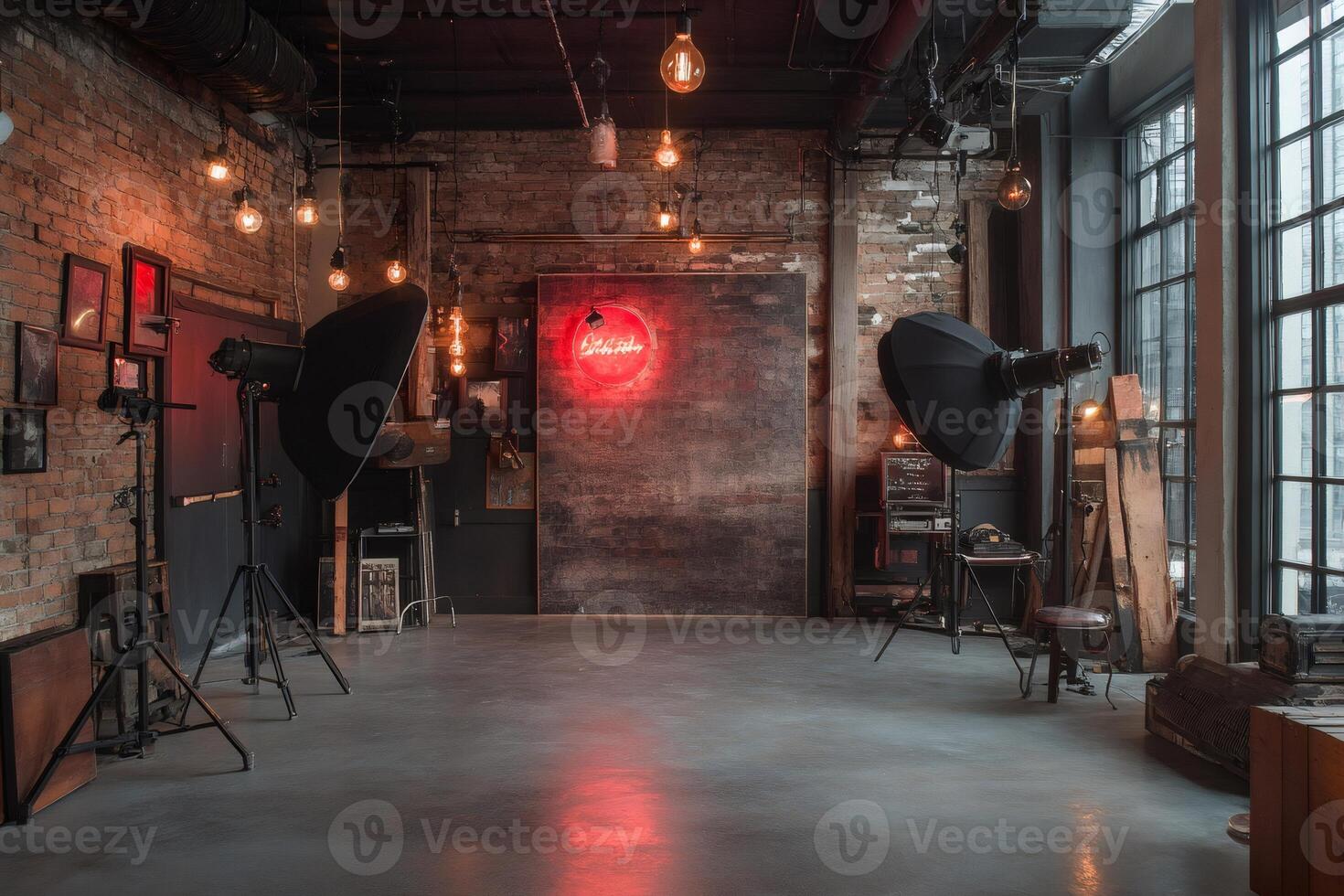 Empty photo studio with lighting equipment, brick walls and neon sign, ready for a photoshoot