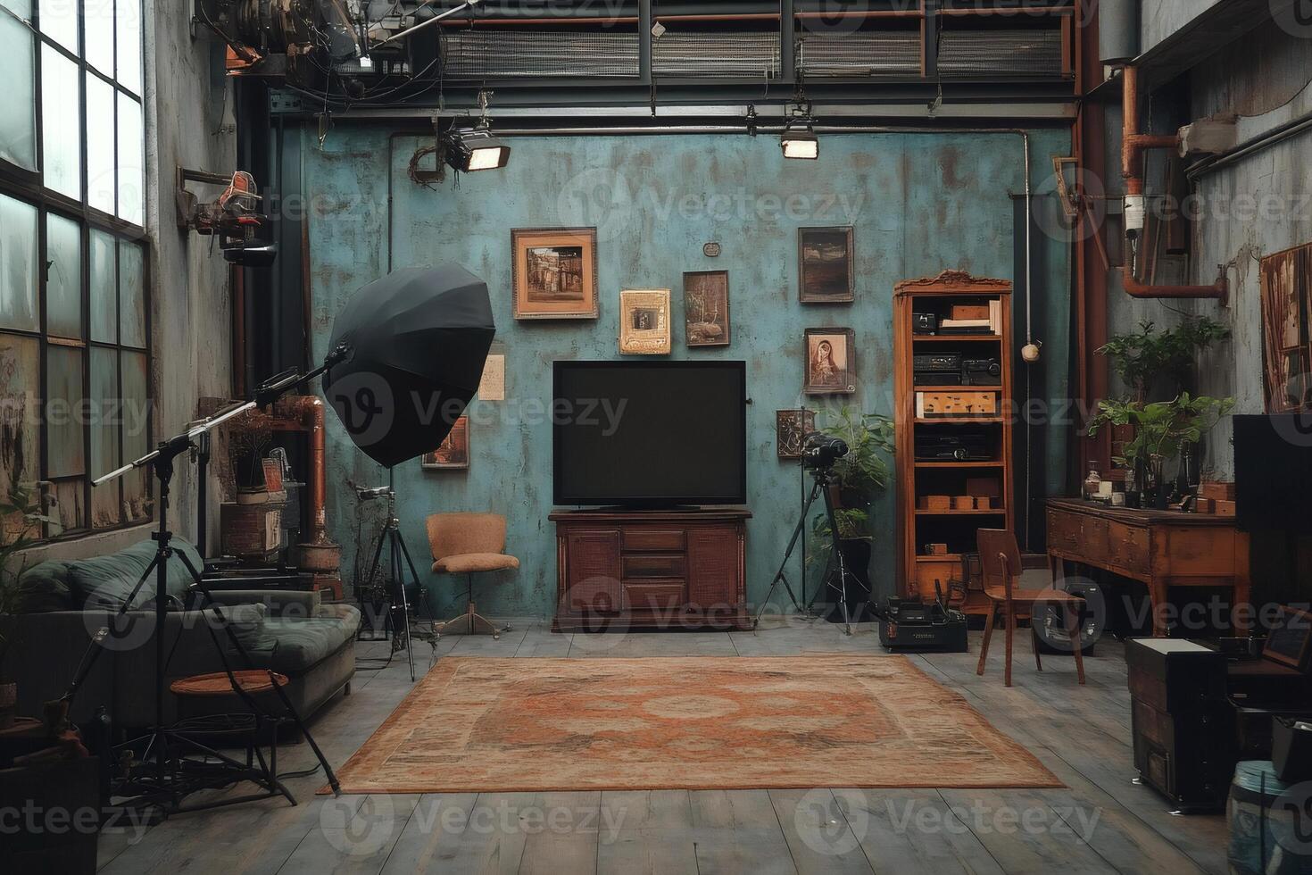 Professional photo studio with lighting equipment and vintage furniture creating a unique atmosphere