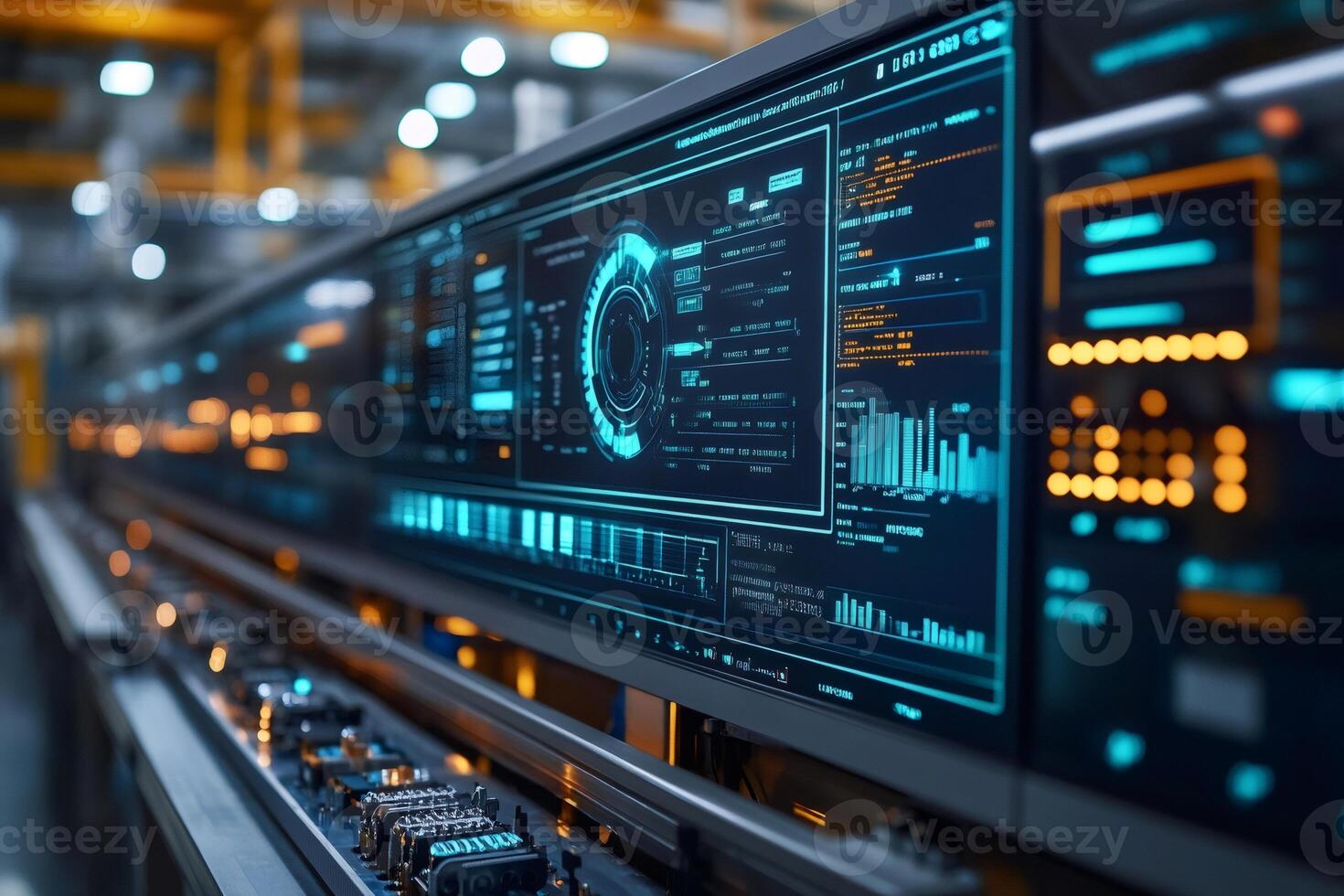 Modern control panel showing various charts and data in a high-tech environment photo