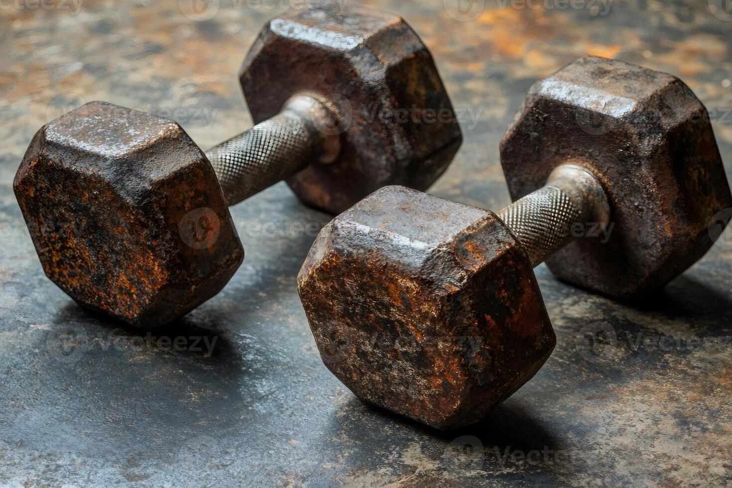 Rusty dumbbells resting on dark metal surface after strength training photo