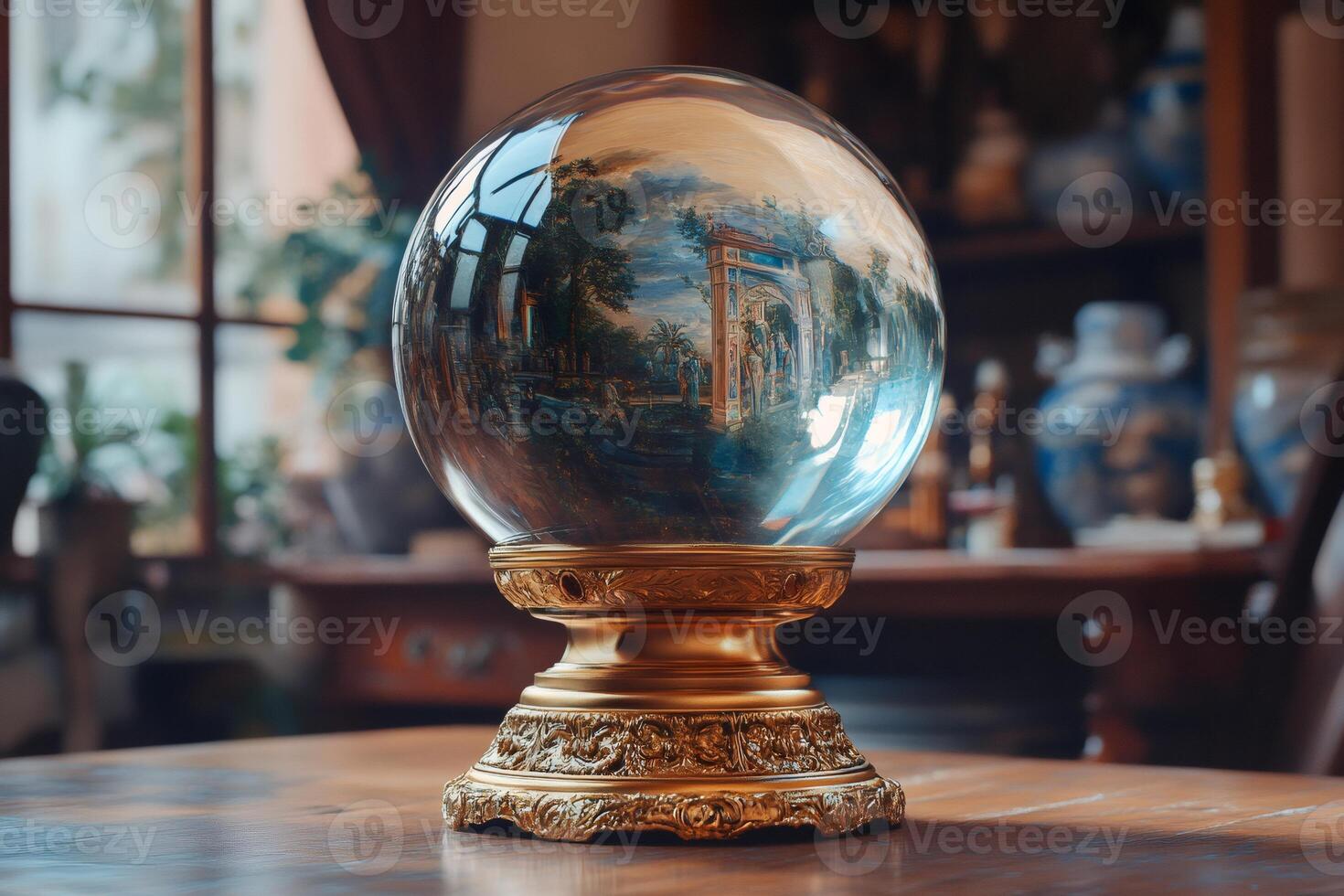 Crystal Ball Reflecting Ancient Roman Garden Scene on Wooden Table photo