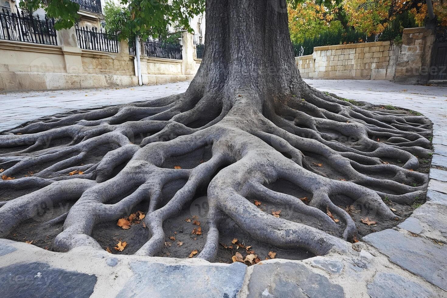 Large tree roots growing above ground in urban setting photo